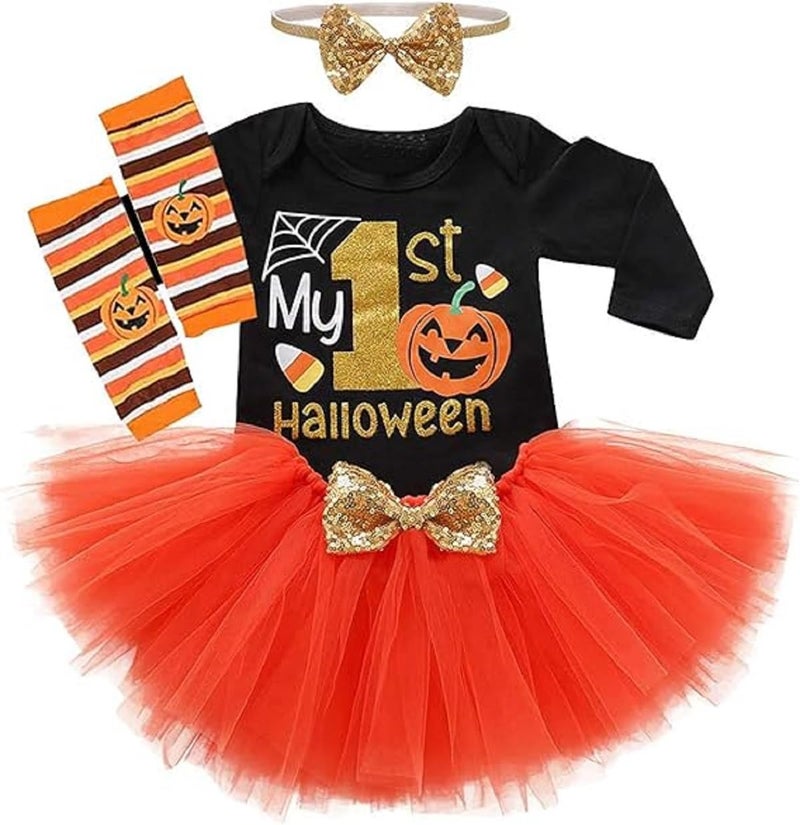 CPEI Baby Girls Halloween Outfits Costume My 1st Halloween Romper+ Tutu Skirt+ Striated Leg Warmer+ Bunny Headband 4Pcs Outfit Set (Black, 6-12 months) - Image 1